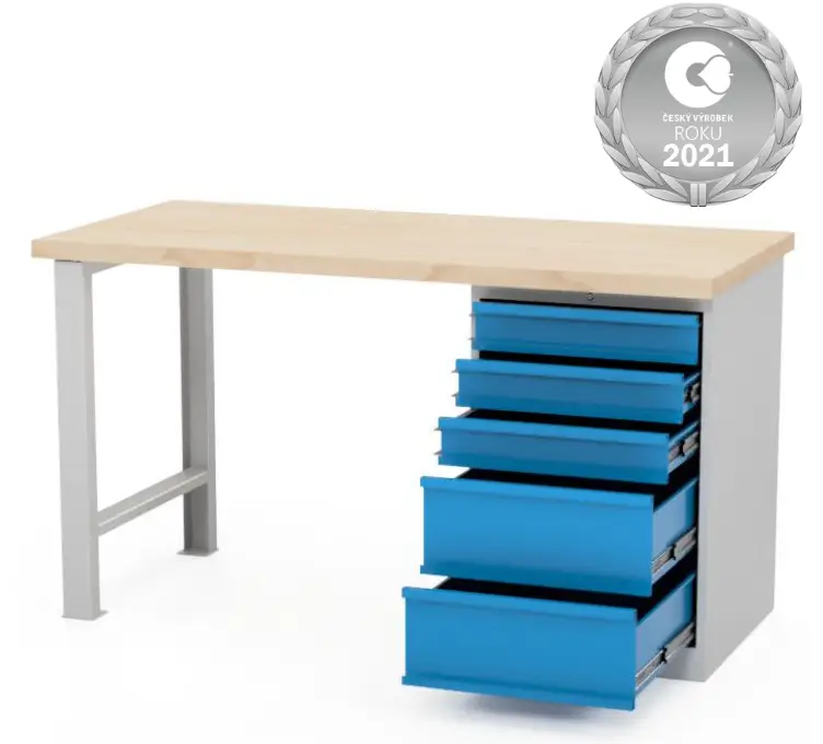 Dílenský pracovní stůl, ponk do dílny AXTOR E105. Ponk do dílny s 5 šuplíky.