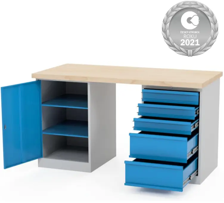 Dílenský pracovní ponk do dílny AXTOR E106. Ponk s 5 šuplíky a policovým kontejnerem