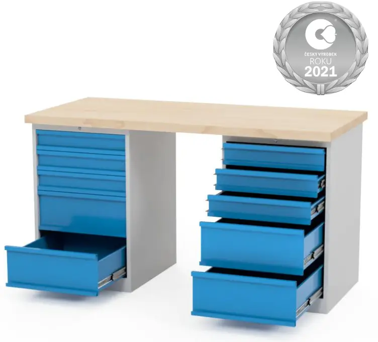 Dílenský pracovní stůl, ponk do dílny AXTOR E107. Dílenský stůl se 2 kovovými kontejnery.